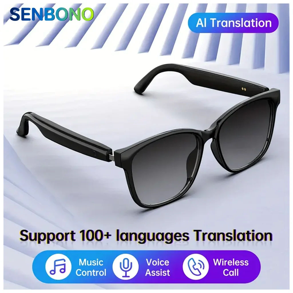 SENBONO 2025 New Smart Glasses with AI Translation Smart GlassesOutdoor Sport Fishing Driving Sunglass for IOS Android Xiaomi