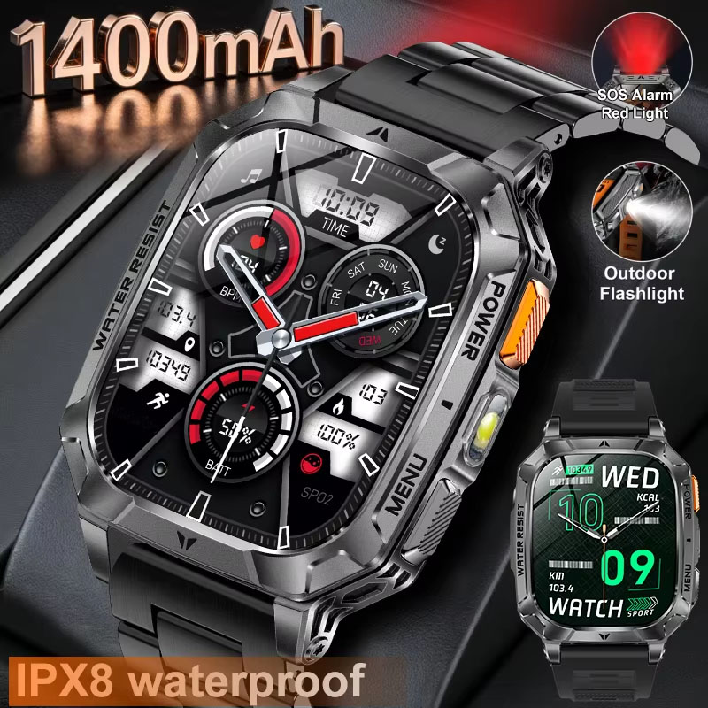2026 New 1400 mAh Battery Military Smartwatch Men IP68 Waterproof Flashlight Health Monitor Sport...